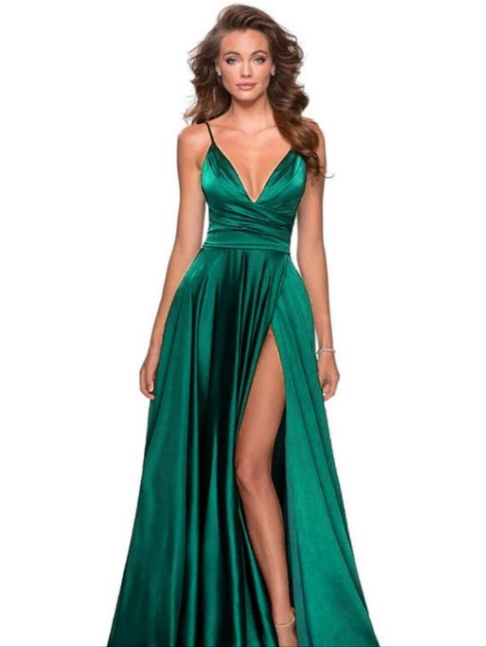 Emerald Satin V-Neck Evening Gown with High Slit
